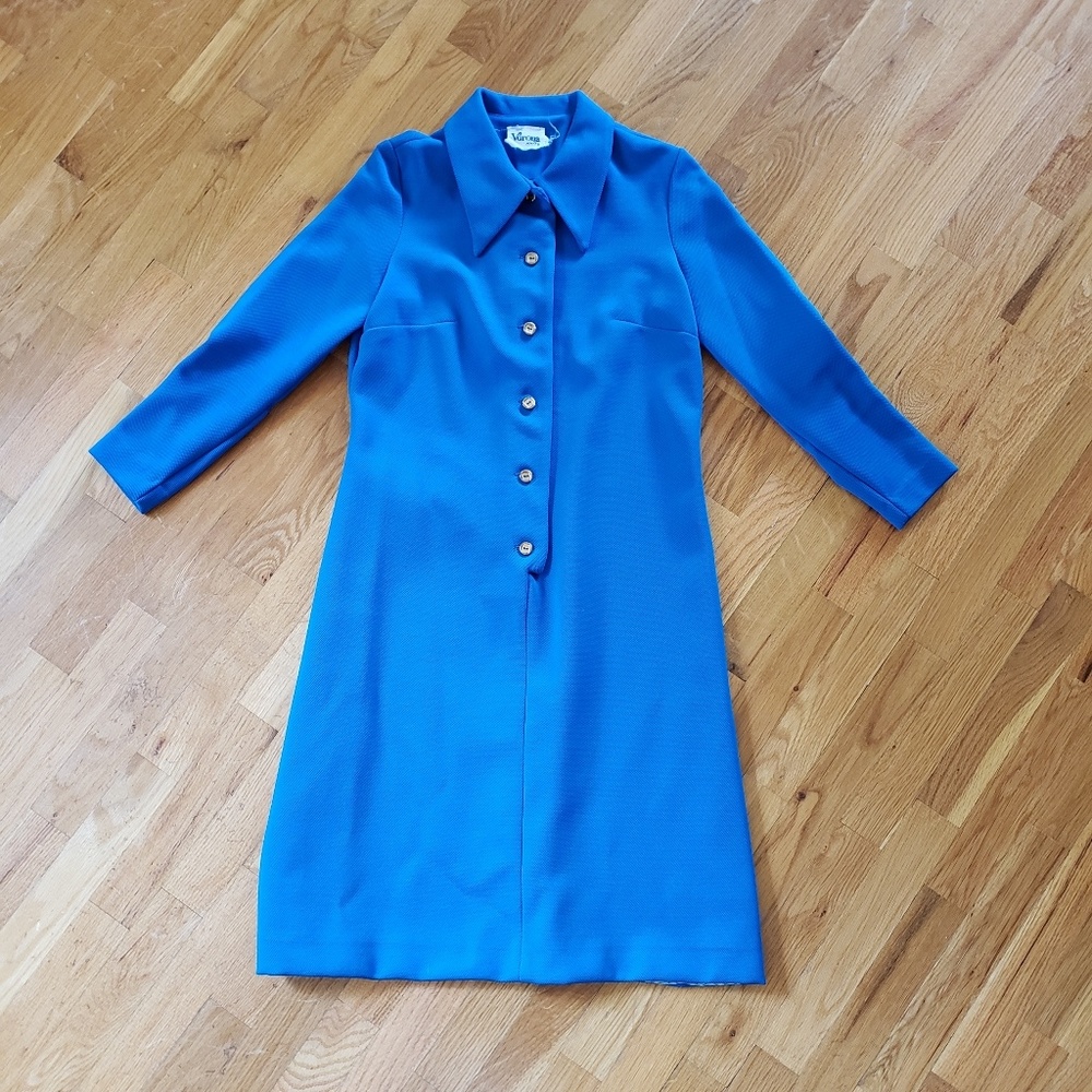 1960's Blue Double Knit Poly Mod Dress-
Medium